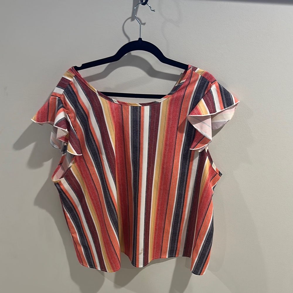 SHEIN Pink and Blue Flutter Sleeve Crop Blouse